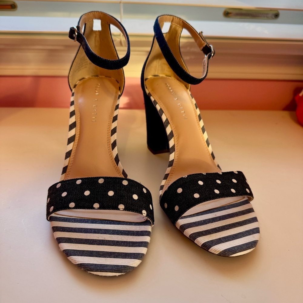 Kelly & Katie Black and White Denim Striped and Polka Dot Heels